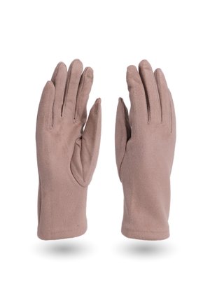 Guanti marroni, con una texture morbida e un design aderente. Caratteristiche includono cinque dita e un palmo senza cuciture per comfort e destrezza.