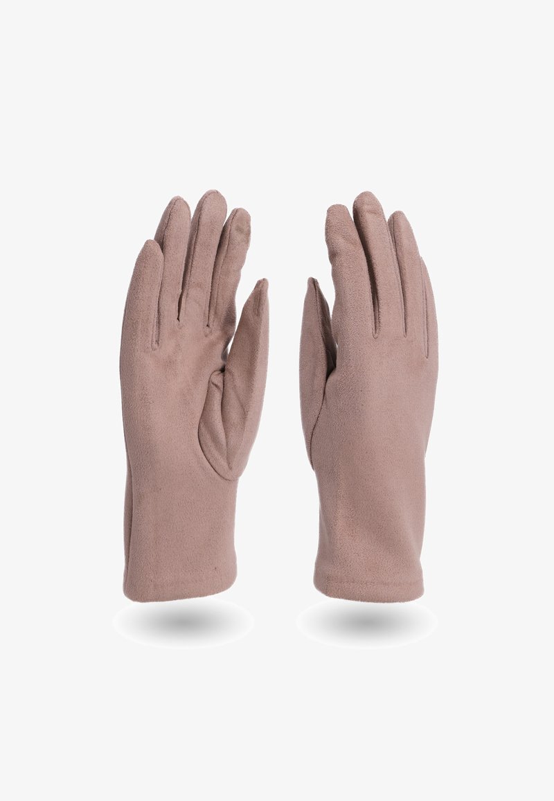 Guanti marroni, con una texture morbida e un design aderente. Caratteristiche includono cinque dita e un palmo senza cuciture per comfort e destrezza.