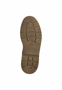 Semelle de chaussure en caoutchouc brun avec des motifs texturés, y compris des rainures horizontales et verticales, et une section de talon arrondie.