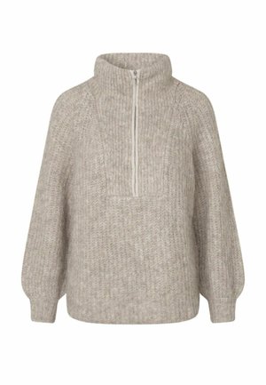 Ljusgrå stickad tröja med hög krage och halv dragkedja, med långa puffärmar och ribbad textur.