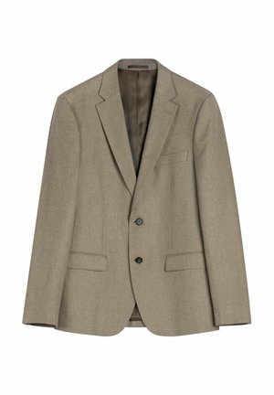 Beżowa męska marynarka na dwa guziki z kołnierzem z wycięciem, dwoma przednimi kieszeniami z patkami oraz jedną piersiową kieszenią, podszyta od środka.