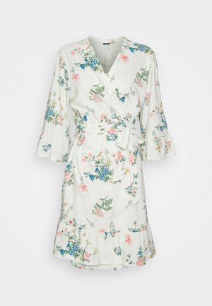 Floral wrap dress in white fabric, featuring a V-neck, three-quarter flare sleeves, and a ruffled hem, adorned with pink and blue flowers.