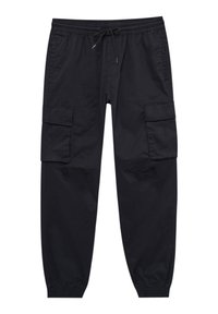Zwarte cargobroek van katoen met een elastische tailleband, trekkoord en twee zijzakken. Bevat taps toelopende enkelmanchetten.