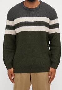 Olivgrüner gestrickter Pullover mit cremefarbenen und dunkelgrünen horizontalen Streifen, geripptem runden Ausschnitt und langen Ärmeln. Strukturierte Stoffdetails.