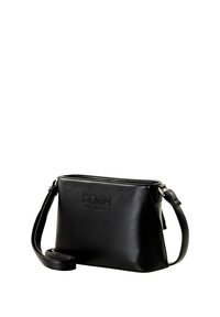 Borsa a tracolla in ecopelle nera con logo "DENIM TOM TAILOR" in rilievo, forma rettangolare, tracolla regolabile, texture liscia, design minimalista.
