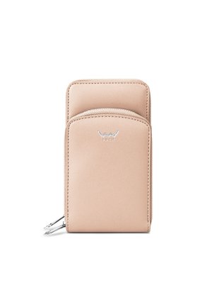 Blush pink leather wallet with smooth texture, featuring two card slots and a zippered compartment. Silver logo accent on the front.