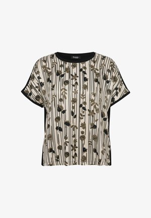 Beige Bluse mit kurzen Ärmeln, schwarzen vertikalen Streifen und braunem Blumenmuster, schwarzer Einfassung an Hals- und Ärmelrändern.