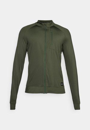 Green zip-up jacket made of stretchy, smooth fabric. Features a high collar, long sleeves, chest pocket, and a small brand label at the hem.