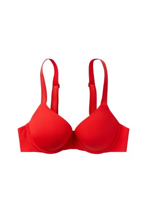 Roter gepolsterter BH mit verstellbaren Trägern, glatter Textur und nahtlosem Design. Verfügt über einen Hakenverschluss auf der Rückseite für einen sicheren Sitz.