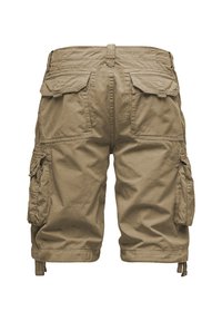 Khaki Cargo-Shorts mit mehreren großen Taschen, einer lockeren Passform und Kordelzugdetails am Saum. Hergestellt aus leichtem Stoff.