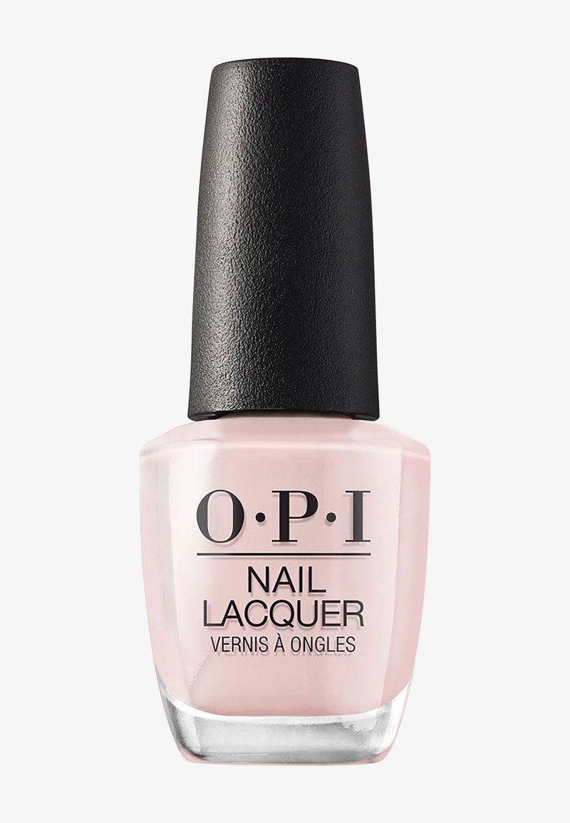 OPI merk flesje nagellak in lichtroze met een zwarte, getextureerde dop en een heldere glazen basis.
