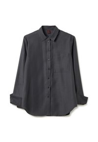 Donkergrijze longsleeve shirt van gladde stof, met een knoopsluiting aan de voorkant, een kraag en een enkele borstzak.