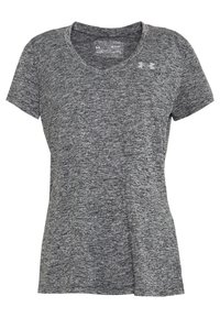 Camiseta atlética gris hecha de una tela texturizada y que absorbe la humedad. Presenta mangas cortas y un escote en v, con un pequeño logotipo en la parte delantera.