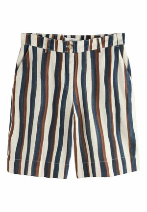 Pánske šortky dĺžky po kolená s vertikálnymi pruhmi v modrej, hnedej a bielej farbe, so sloopkami na opasok, zapínaním na gombík a bočnými vreckami.