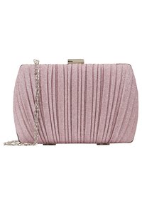 Rosa glittrande kuvertväska med plisserad design, metallklämma och avtagbar silverkedja. Rektangulär form med texturerad finish.