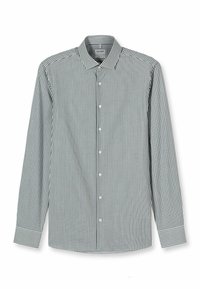 Grünes und weißes, langärmeliges gestreiftes Hemd mit Button-Down-Kragen, durchgehender Knopfleiste vorne und kontrastierenden Manschetten.