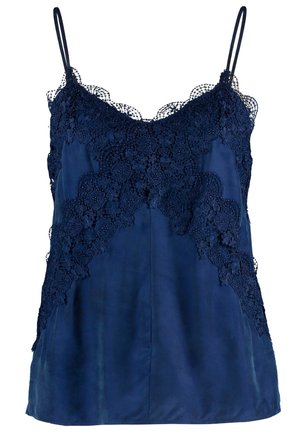Navy blue satin camisole with floral lace detailing across the chest and sides, featuring thin double shoulder straps.
