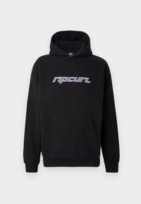 Čierna mikina s kapucňou a bielym logom "rip curl" na hrudi a predným kloktacím vreckom, vystavená na jednoduchom pozadí.