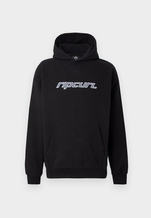 Black hooded sweatshirt with white "rip curl" logo on chest and front kangaroo pocket, displayed on plain background.