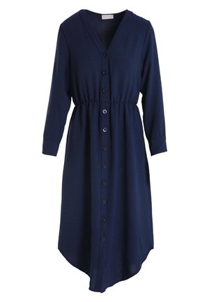 Robe midi bleu foncé à manches longues avec boutons, col en V et taille élastique, avec un ourlet asymétrique.