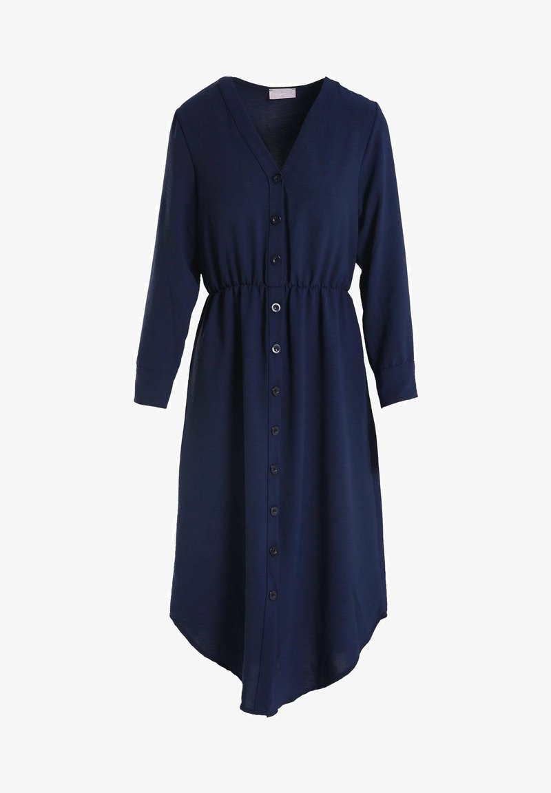 Robe midi bleu foncé à manches longues avec boutons, col en V et taille élastique, avec un ourlet asymétrique.
