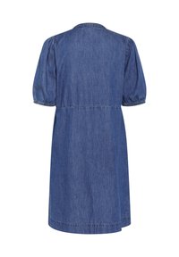 Denim dress with puffed sleeves, round collar, and a cinched waist. Features a knee-length design and a plain blue texture.