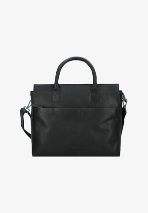Borsa in pelle nera con due manici superiori, tracolla regolabile, tasca frontale e texture liscia. Design rettangolare con hardware minimale.