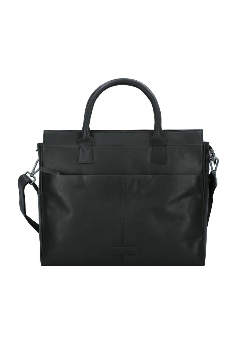 Schwarze Lederhandtasche mit zwei oberen Griffen, verstellbarem Schultergurt, Fronttasche und glatter Textur. Rechteckiges Design mit minimaler Hardware.