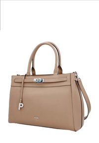 Beige leather handbag with textured surface, dual handles, detachable shoulder strap, silver hardware, and a logo accent on the front.