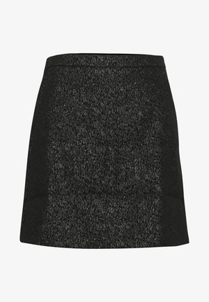 Czarna spódnica z teksturowanym wzorem, z metalicznymi srebrnymi nitkami. Krój A-linii z gładkim pasem i prostym dołem.