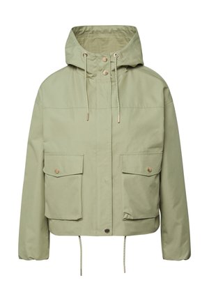 Light green hooded jacket with front snap buttons, drawstrings at hood and hem, and two large flap pockets with button closures.