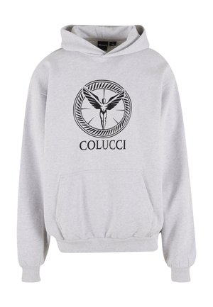 Light gray hoodie with front kangaroo pocket, ribbed cuffs and hem, featuring a black winged figure logo and "COLUCCI" text on chest.