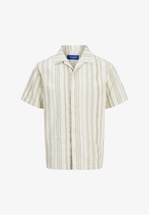 Chemise à manches courtes avec boutons en beige clair à motif rayé ; présente un col camp et une coupe décontractée. Fabriquée en tissu respirant.