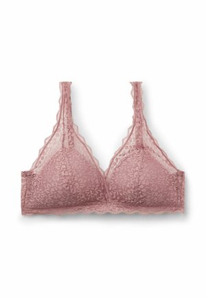 Spitzen-Bralette in staubigem Rosa mit floralem Muster, gewellten Kanten und verstellbaren Trägern. Weicher, transparenter Stoff ohne Bügel.