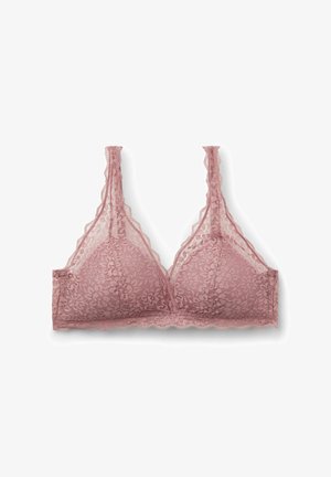 Spitzen-Bralette in staubigem Rosa mit floralem Muster, gewellten Kanten und verstellbaren Trägern. Weicher, transparenter Stoff ohne Bügel.
