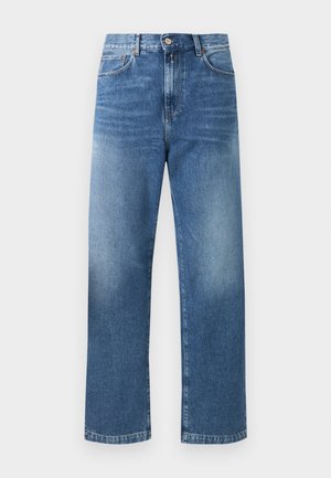 Modré rifle s rovnými nohavicami, vysokým pásom, predným zapínaním na gombík, zipsom a klasickým dizajnom s piatimi vreckami.