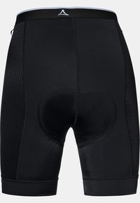 Pantalones cortos de ciclismo negros con paneles laterales de malla, área de asiento acolchada, cinturilla elástica y textura de tela suave. Presenta un logo en contraste en la cinturilla.