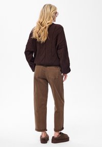 Brązowy sweter z dzianiny w wzór diamentowy, w połączeniu z brązowymi spodniami z podwiniętymi nogawkami i ciemnobrązowymi butami typu slip-on. Jasne włosy i okulary nie są szczegółowo opisane.