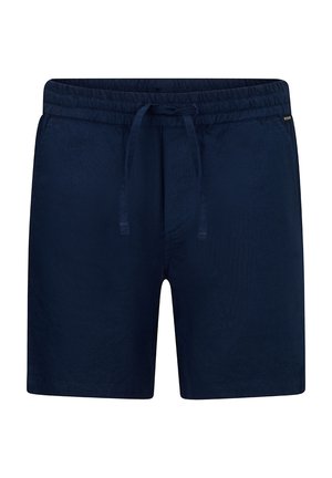 Marineblaue Freizeithose mit elastischem Bund und Kordelzug, Vordertaschen und kleinem seitlichem Logopatch.