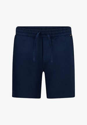 Granatowe, casualowe szorty z elastycznym paskiem i sznurkiem, przednimi kieszeniami oraz małą boczną metką z logo.