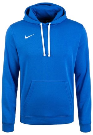 Blauer Nike-Hoodie mit weißen Kordeln, vorderer Kängurutasche und Nike-Swoosh-Logo auf der Brust.
