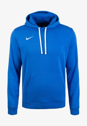 Sweat à capuche Nike bleu avec cordons blancs, poche kangourou à l'avant et logo Nike Swoosh sur la poitrine.