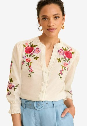 RUFFLE V NECK 3/4 SLEEVE - REGULAR FIT - Camicia - ivory white embroidery