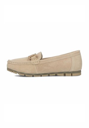 Zamszowe loafers w jasnym beżu z plecionym akcentem i gumową podeszwą. Posiadają zaokrąglony czubek i płaski obcas dla wygody.