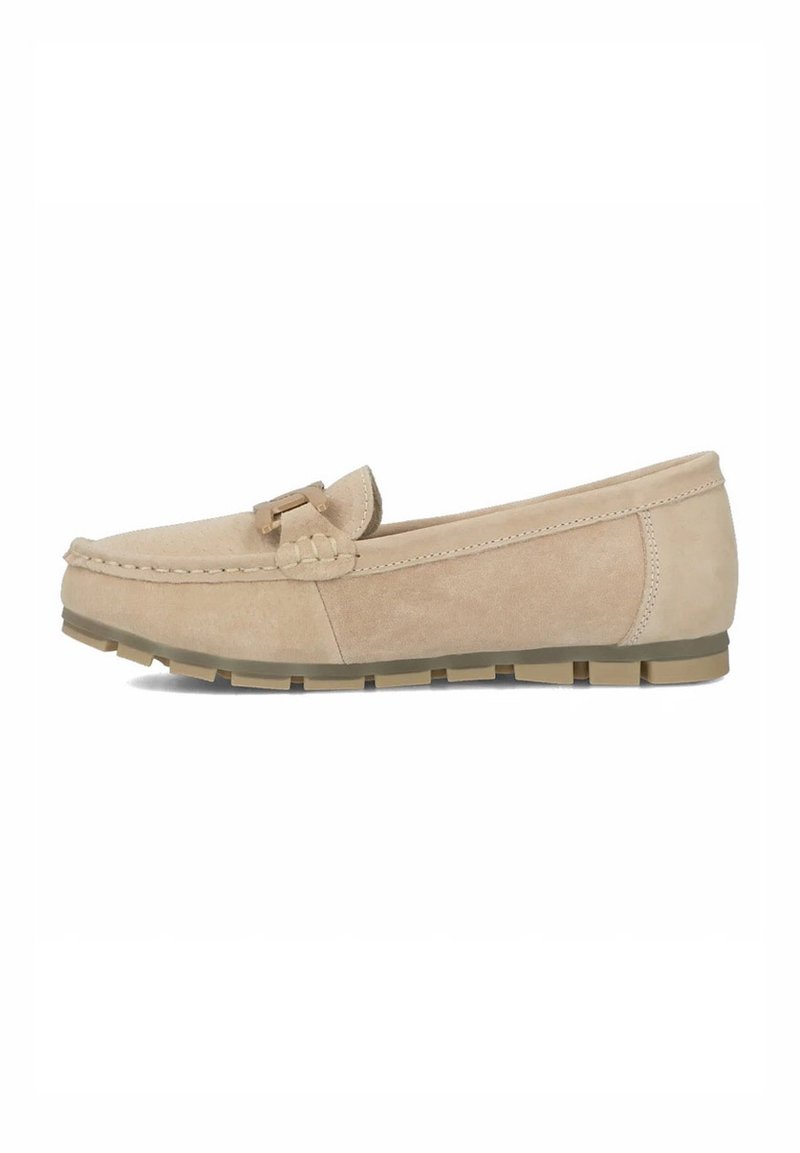 Zamszowe loafers w jasnym beżu z plecionym akcentem i gumową podeszwą. Posiadają zaokrąglony czubek i płaski obcas dla wygody.