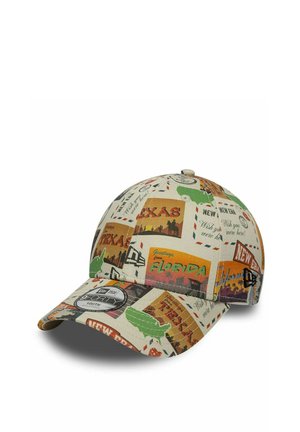 Baseballmütze mit bunten Reise-Postkartenmotiven mit Motiven aus Texas, Florida und Neuengland, gekennzeichnet als verstellbarer Jugend 9FORTY Sport.