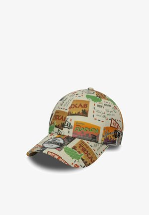 Baseballmütze mit bunten Reise-Postkartenmotiven mit Motiven aus Texas, Florida und Neuengland, gekennzeichnet als verstellbarer Jugend 9FORTY Sport.