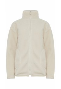 Giacca in pile beige con colletto alto, zip completa e due tasche laterali. Tessuto morbido e design casual, ideale per sovrapposizioni.