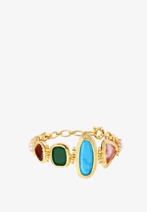 Bracelet à maillons en or avec des pierres précieuses ovales et triangulaires rouges, vertes, bleues et roses serties dans des montures en or décoratives.