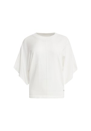 Witte korte mouwen pullover top met een ronde halslijn en een drop shoulder ontwerp. De stof lijkt zacht, met een rechte zoom en minimale details.